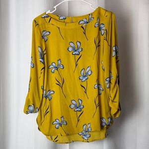 LOFT Yellow Floral Boatneck Blouse with Blue Flowers